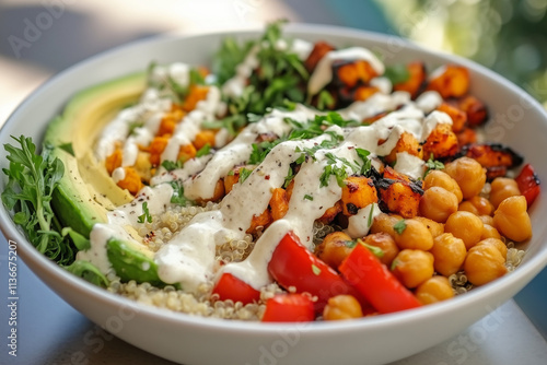 A vibrant vegan bowl filled with quinoa, roasted vegetables, chickpeas, avocado, and fresh greens, drizzled with tahini dressing. 