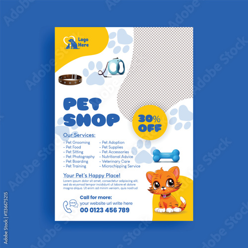 Pet shop, veterinary clinic, pet grooming, pet clinic a4 size vertical print flyer or poster template, banner, ads and advertising template with dog and cat illustration background design