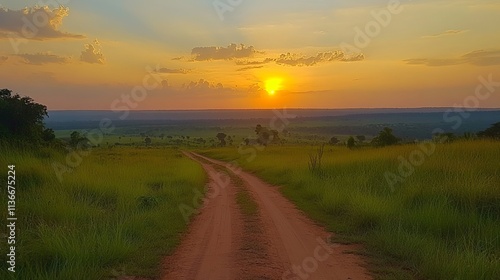 Very typical dirt road for safari in Murchison Falls national park in Uganda at sunset. Horizontal
