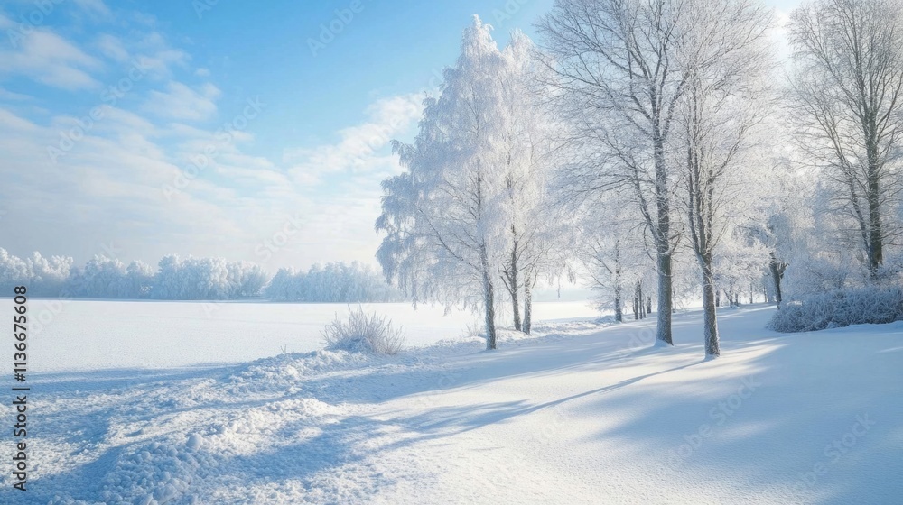 A serene winter landscape with fresh snow covering the ground, creating a pristine white scene under a pale blue sky A serene winter landscape with fresh snow covering the ground, creating a pristine white scene under a pale blue sky