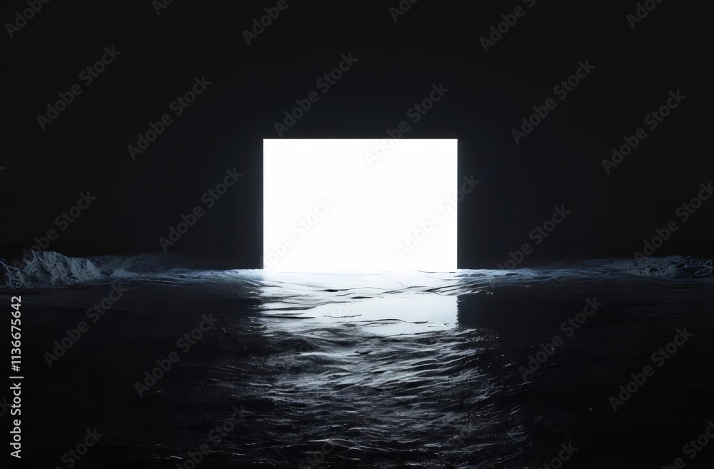 Glowing square portal in dark, reflective water. Glowing square portal in dark, reflective water.