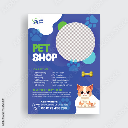 Pet shop print flyer or poster template, veterinary doctor clinic print flyer or poster template, pet grooming, pet clinic leaflet and brochure cover design and with cat and dog vector illustration 