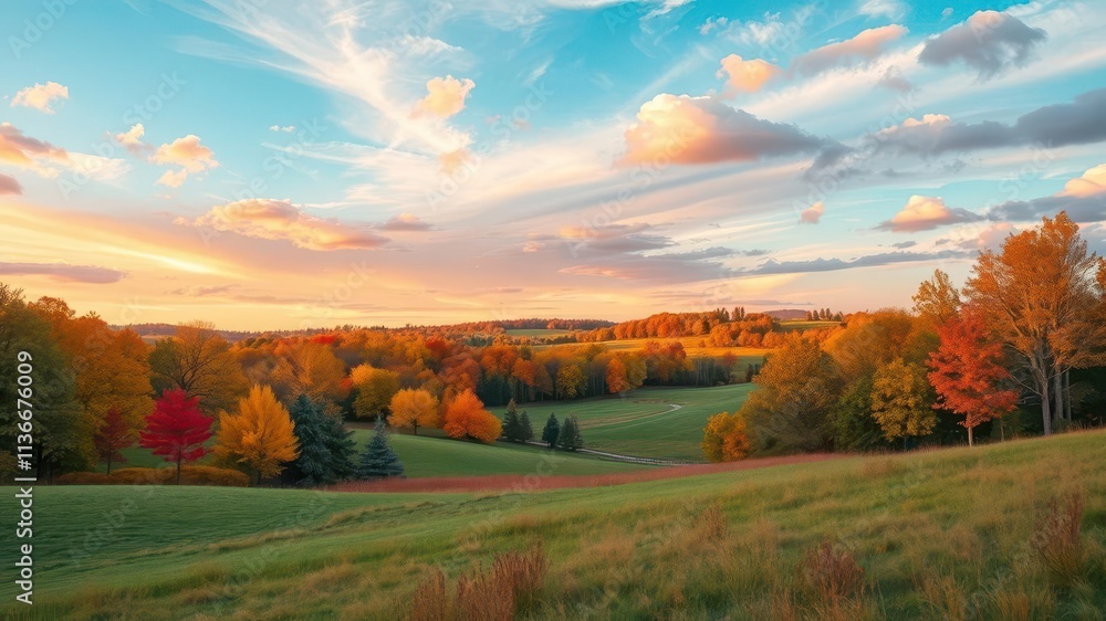 Vibrant and colorful landscape featuring various hues in the sky, trees, and meadows, view, serene, beauty Vibrant and colorful landscape featuring various hues in the sky, trees, and meadows, view, serene, beauty