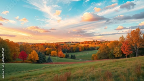 Vibrant and colorful landscape featuring various hues in the sky, trees, and meadows, view, serene, beauty