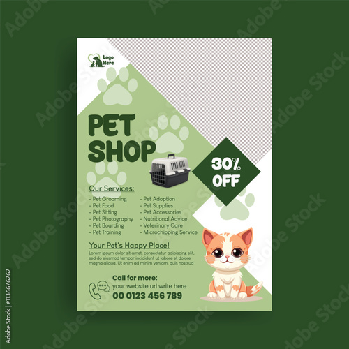Pet shop, veterinary clinic, pet grooming, pet clinic a4 size vertical print flyer or poster template, banner, ads and advertising template with dog and cat illustration background design