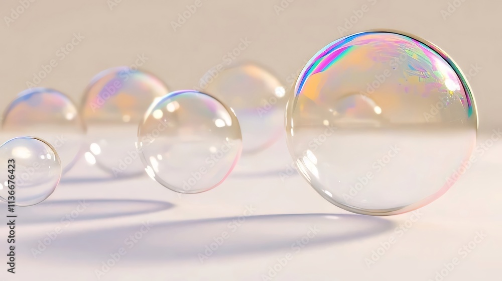 Iridescent soap bubbles floating on a light beige background. Iridescent soap bubbles floating on a light beige background.