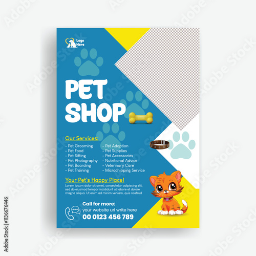 Pet shop and veterinary clinic a4 vertical print flyer or poster template editable print ready pet shop leaflet and brochure cover design with dog and cat illustration background