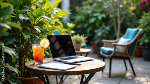 Summer Fridays - Enjoy your laptop refreshment on patio furniture under sunny weather with a beverage in hand.