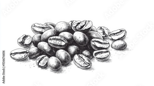 Hand drawn coffee beans and coffee cup and bun composition background