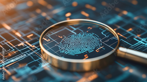 A magnifying glass focuses on a digital fingerprint overlaid on a circuit board, symbolizing technology, security, and data analysis.