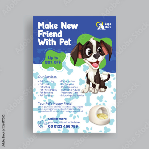 Pet shop print flyer or poster template, veterinary doctor clinic print flyer or poster template, pet grooming, pet clinic leaflet and brochure cover design and with cat and dog vector illustration 