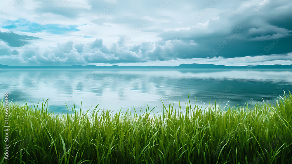 Obraz premium Lush green grass at the edge of baikal on a cloudy day with soft waves on the lake's surface and a mirrored sky above , waves, outdoor scene, peaceful. Mirrored. Illustration