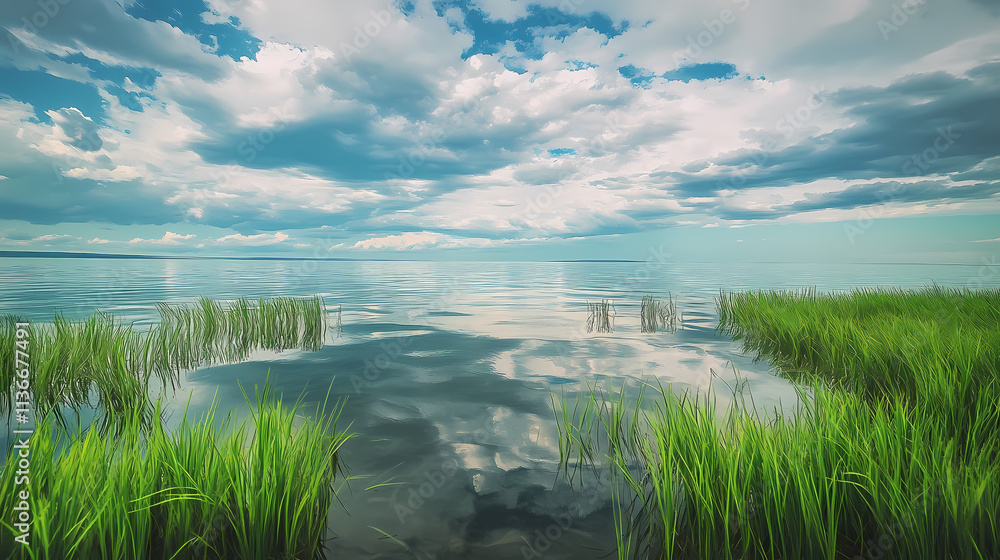 Obraz premium Lush green grass at the edge of baikal on a cloudy day with soft waves on the lake's surface and a mirrored sky above , waves, outdoor scene, peaceful. Mirrored. Illustration