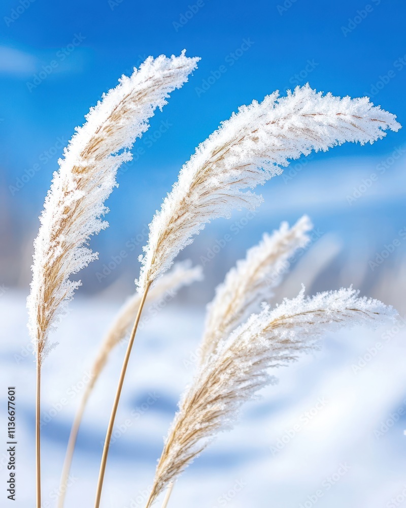 Obraz premium Frost-covered Grasses Sway Gently in the Winter Breeze on a Clear, Chilly Day