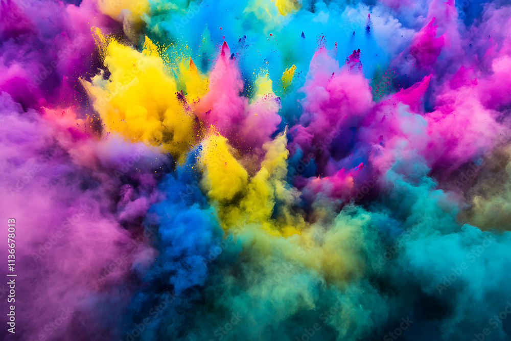 Vibrant Explosion of Rainbow-Colored Holi Powder in Mid-Air. Vibrant Explosion of Rainbow-Colored Holi Powder in Mid-Air.