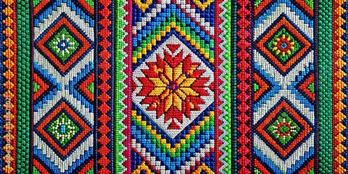 Vibrant Set of Mexican Patterns in Huichol Style Featuring Native American Beading with Rich Colors and Intricate Designs, Perfect for Cultural Decor and Textile Applications