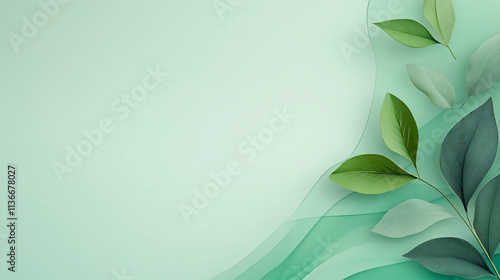 Minimalistic green leaf design with soft abstract wave background with copy space.