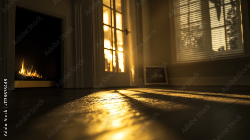 Warm Sunlight Streaming Through an Open Door, Casting Shadows on a Wood Floor in a Cozy Room with a Fireplace and Soft Lighting Warm Sunlight Streaming Through an Open Door, Casting Shadows on a Wood Floor in a Cozy Room with a Fireplace and Soft Lighting