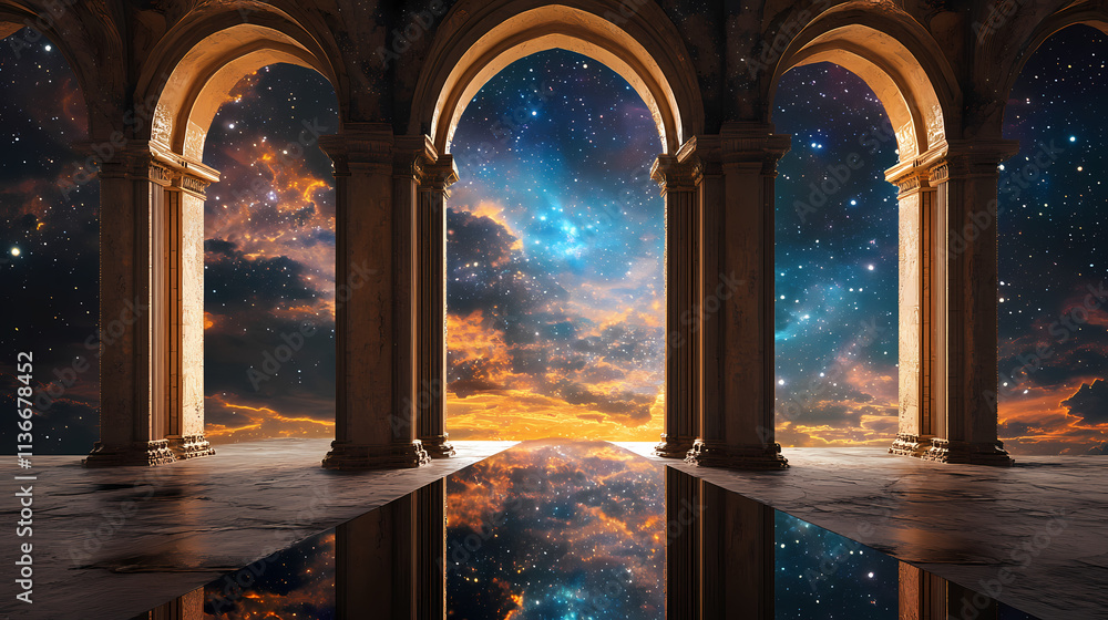 Fototapeta premium Mirrored galaxy archway twilight window reflection space landscape. Mirrored. Illustration