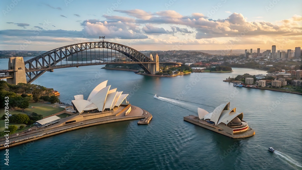 Fototapeta premium Major architecture landmarks of the city of Sydney and Australia around Sydney harbour in elevated aerial view in warm smooth sunlight at the morning. generative ai