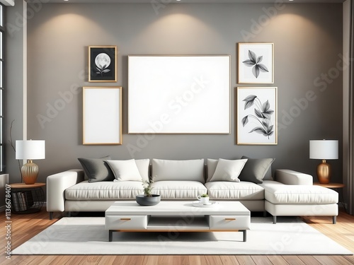 Canvas mockup of a spacious living room wall adorned with contemporary art pieces, decoration, interior design