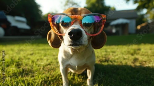 Cute Beagle Dog Wearing Colorful Sunglasses Enjoying a Sunny Day on a Green Lawn with a Playful and Joyful Expression in a Beautiful Outdoor Setting