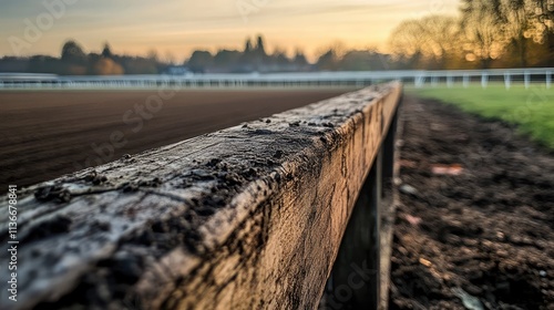 Wallpaper Mural Close-Up of Weathered Wooden Barrier at Horse Racing Track with Scenic Background Highlighting Early Morning Light and Tranquil Atmosphere Torontodigital.ca