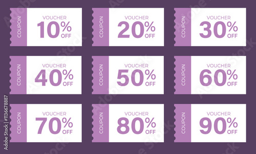 Coupon icons, discount, ticket, gift card, voucher, sales. Coupon for web design, online store. Sale banner with discount coupon. Discount percentage. Gift voucher vector illustration. Purple color