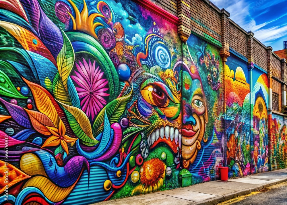 Fototapeta premium Vibrant Street Art: A Colorful Graffiti Mural on an Urban Wall with Bright Hues and Intricate Designs, Perfectly Capturing the Essence of Urban Culture and Creativity