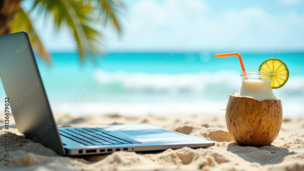 A picturesque beach scene with a laptop and a tropical drink, symbolizing work-life balance or working remotely on summer Fridays. A picturesque beach scene with a laptop and a tropical drink, symbolizing work-life balance or working remotely on summer Fridays.