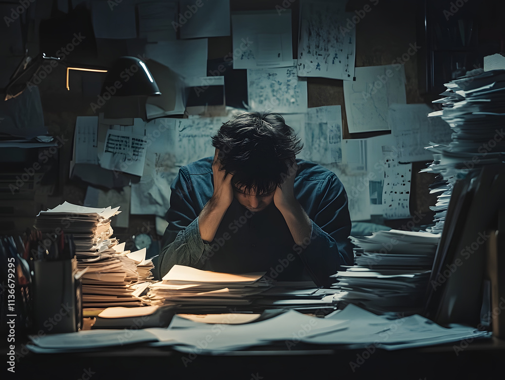 Messy office desk working man stressed frustration overwhelm burnout, paper files folders, stress work overtime busy businessman, finance business worker headache mental health balance high pressure Messy office desk working man stressed frustration overwhelm burnout, paper files folders, stress work overtime busy businessman, finance business worker headache mental health balance high pressure