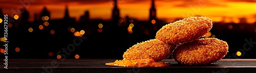 Belgian croquettes served with a zesty dip, Ghent s medieval skyline glowing in twilight photo