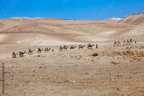 A group of tourists is traveling through the desert sand. They are riding on camels, accompanied by local people. Supporting tourist groups is the main business of those who live in the desert.