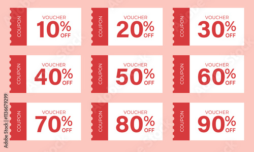 Coupon icons, discount, ticket, gift card, voucher, sales. Coupon for web design, online store. Sale banner with discount coupon. Discount percentage. Gift voucher vector illustration. Red color