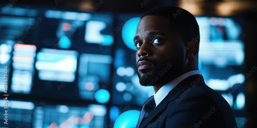 A focused individual in a suit observes multiple screens displaying complex data analytics. The high-tech control room is dimly lit, emphasizing the glowing displays. A focused individual in a suit observes multiple screens displaying complex data analytics. The high-tech control room is dimly lit, emphasizing the glowing displays.