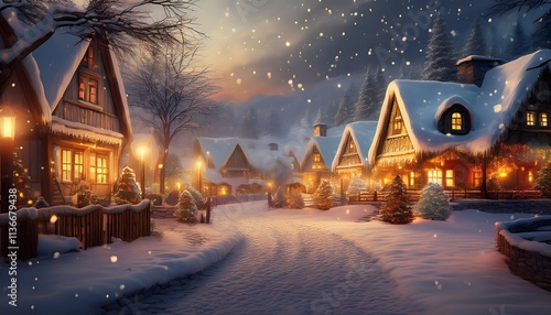 Snowy Winter Village Christmas Houses Festive Lights Holiday Scene