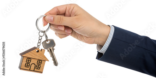 hand holding house keys with keychain isolated white background.AI GENERATED photo