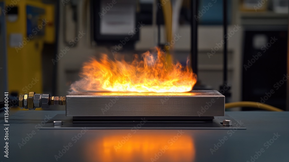 Igniting Innovation: A Close-Up of a Metal Surface with Flames Erupting in a Laboratory Setting, Showcasing Advanced Research in Combustion and Heat Dynamics Igniting Innovation: A Close-Up of a Metal Surface with Flames Erupting in a Laboratory Setting, Showcasing Advanced Research in Combustion and Heat Dynamics