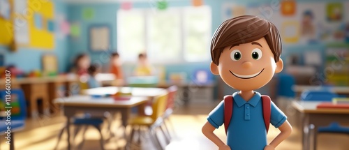 A cartoon boy is standing in a classroom with a backpack on