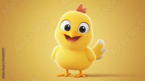 Cheerful yellow chicken cartoon character, designed with a charming smile and whimsical details, perfect for animation or promotional materials. Bright and engaging style. photo