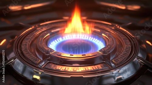 Close-up of a Gas Stove Burner with Vibrant Flames Emitting Blue and Orange Light in a Modern Kitchen Setting, Highlighting Cooking Equipment and Flame Safety Features