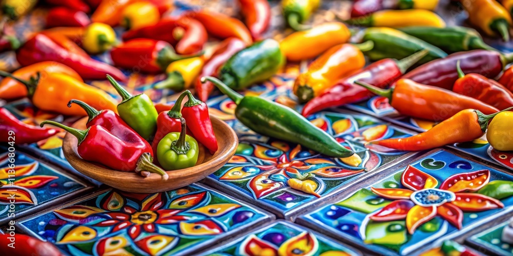 Vibrant Tilt-Shift Photography of Chilli Peppers Perfectly Arranged on Colorful Mexican Tiles, Showcasing the Spicy Essence of Mexican Cuisine and Culinary Artistry Vibrant Tilt-Shift Photography of Chilli Peppers Perfectly Arranged on Colorful Mexican Tiles, Showcasing the Spicy Essence of Mexican Cuisine and Culinary Artistry