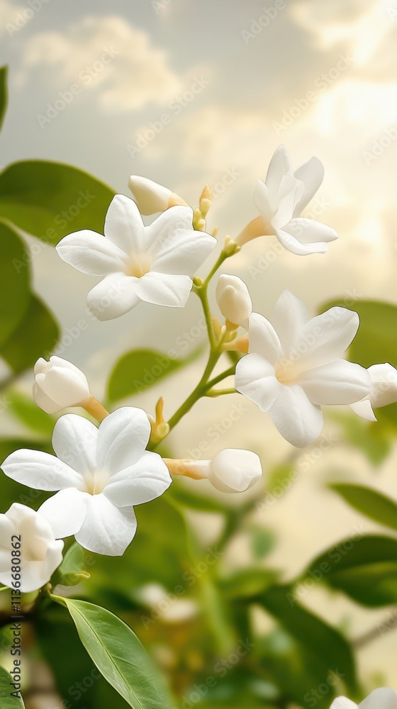 Obraz premium Delicate Jasmine Blooms Flourish Amidst Lush Green Leaves Under Soft Sunlight