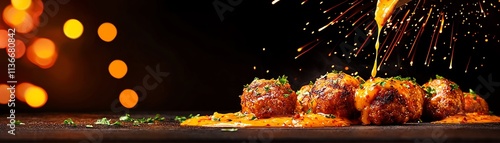 Danish frikadeller meatballs with parsley sauce, Copenhagen s Nyhavn brightly lit with colorful lights photo