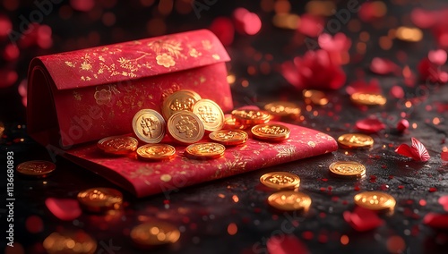 Red Envelope with Gold Coins. photo