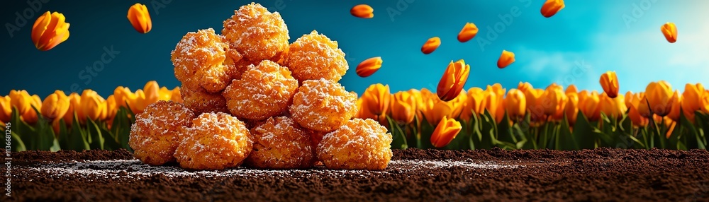 Dutch poffertjes sprinkled with icing sugar, tulip fields stretching to the horizon under a blue sky Dutch poffertjes sprinkled with icing sugar, tulip fields stretching to the horizon under a blue sky