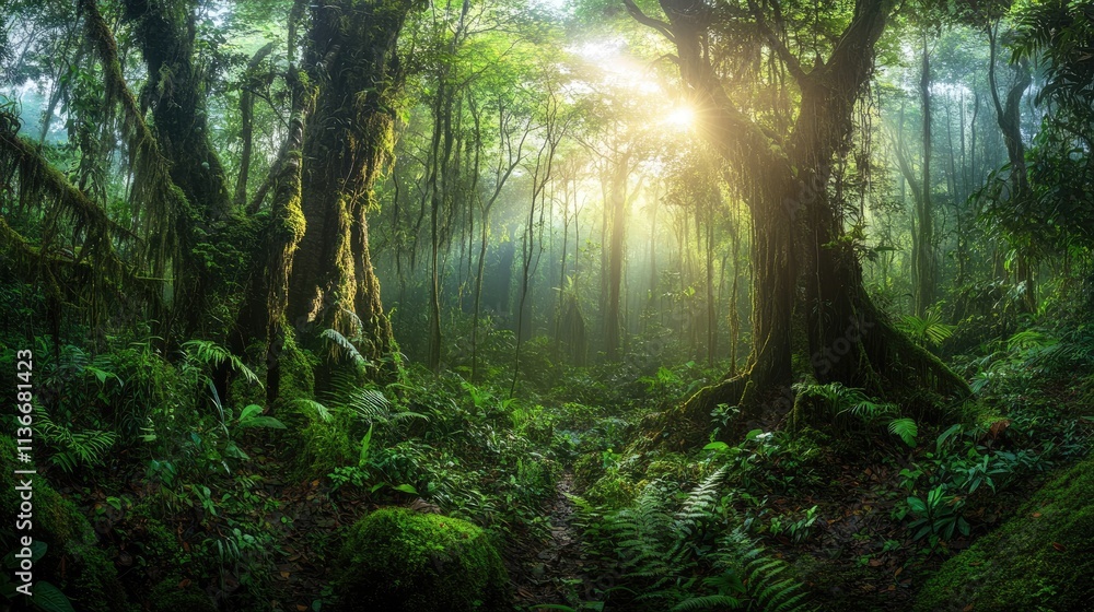 Lush Rainforest Sunlight Illuminates Mossy Trees Path Lush Rainforest Sunlight Illuminates Mossy Trees Path