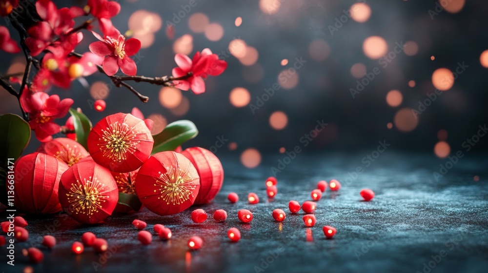 Fototapeta premium Celebration of spring with red decorative elements and cherry blossom branches in vibrant setting