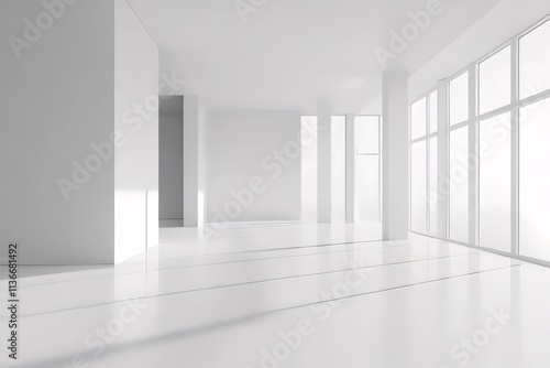 Minimalist white room with large windows and sunlight.