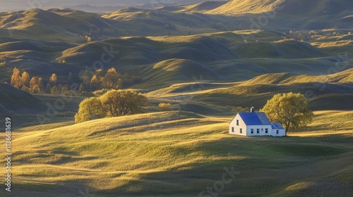 Amidst the rural mountain landscape of the Isle of Skye, Scotland, a solitary traditional white croft house cottage is overlooked by Glamaig Peak and the Red Cuillins